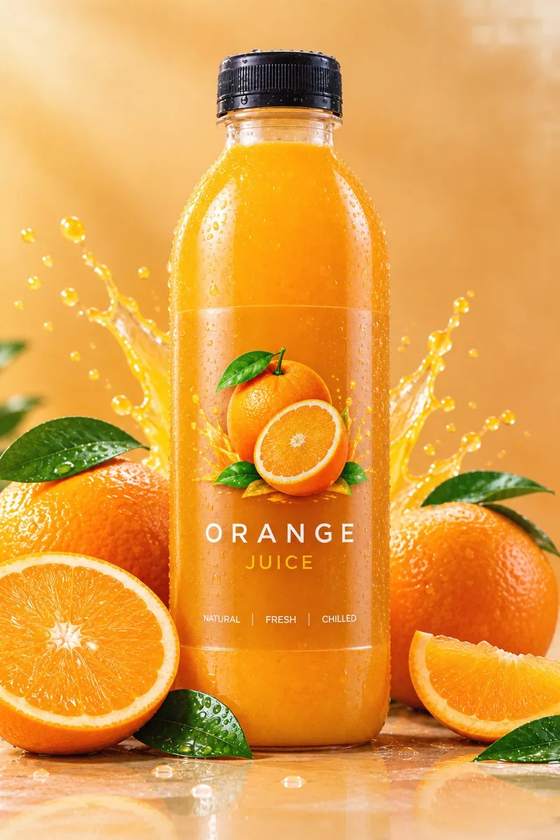 Orange juice bottle with an illustrated orange label, surrounded by fresh oranges